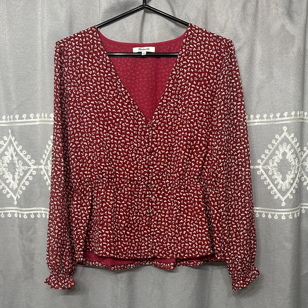 Madewell Burgundy Patterned V-Neck Blouse M